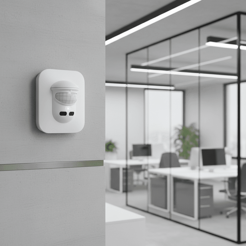 White motion detector sensor mounted on wall in modern office