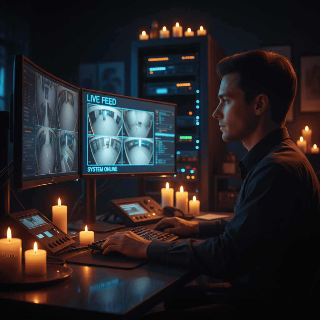 Security operator monitoring multiple control room screens