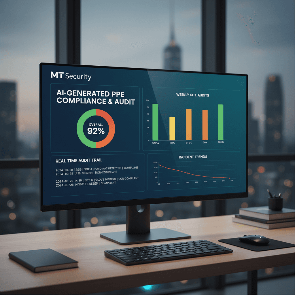 Digital dashboard showing AI PPE compliance reports and audit documentation