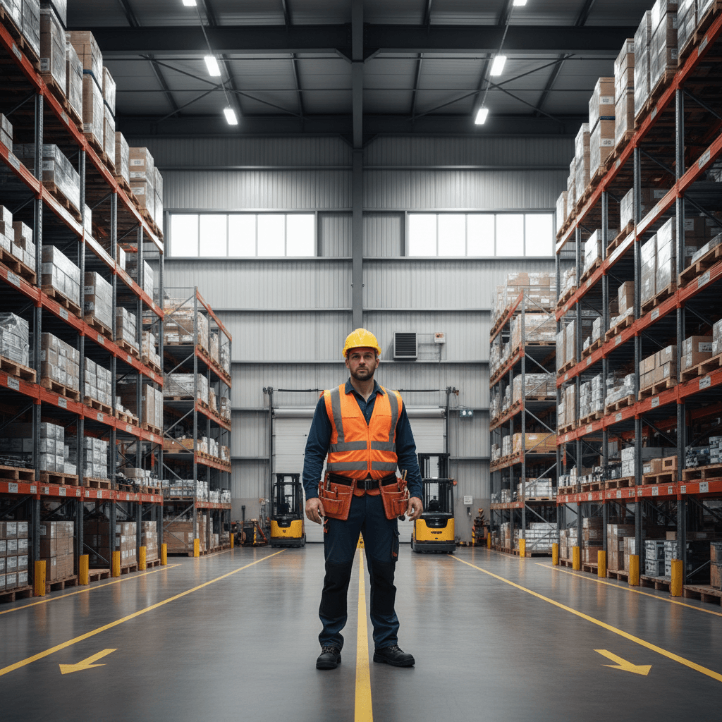 Worker wearing yellow hard hat and high visibility vest in modern industrial warehouse