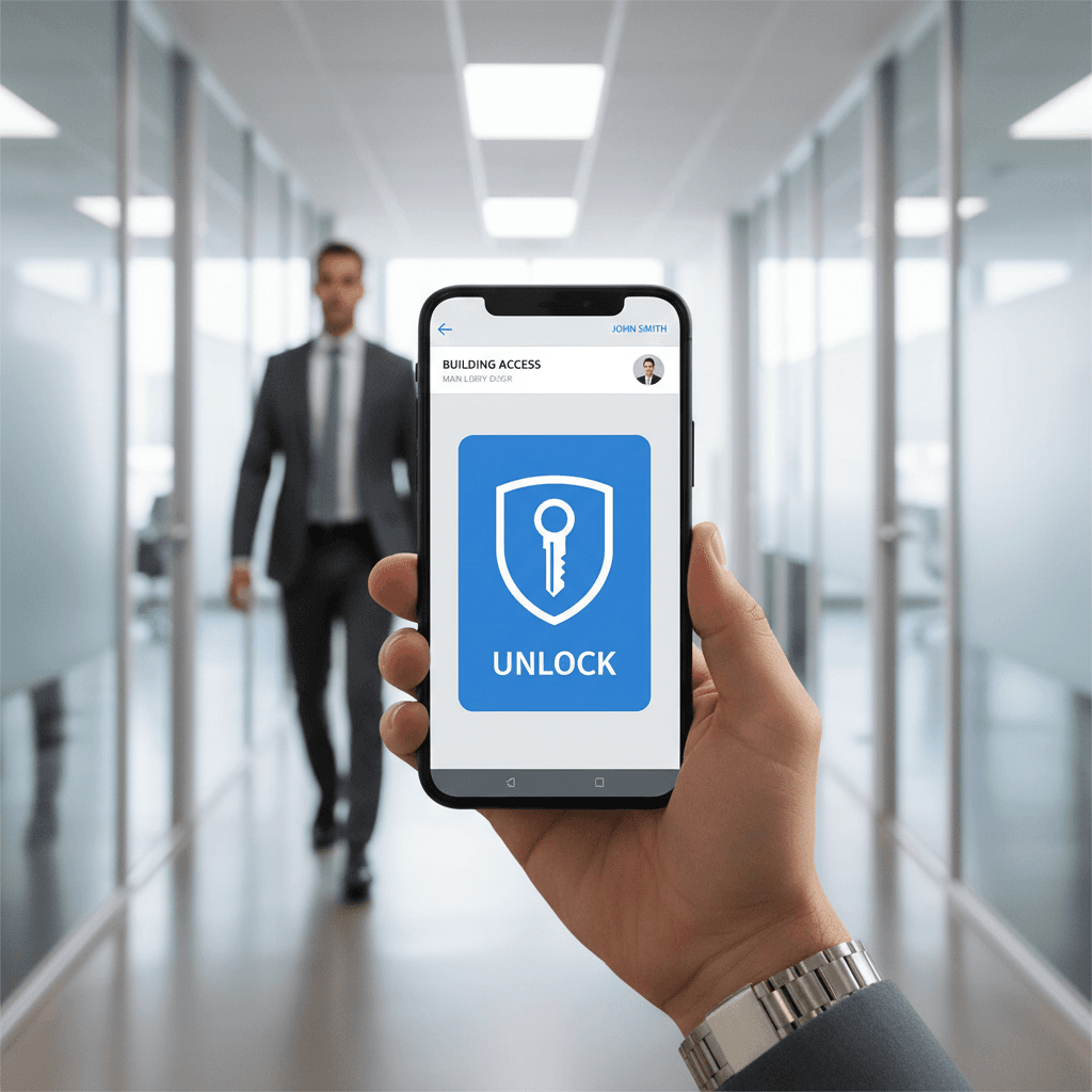 Smartphone displaying a mobile access control app with a digital key card ready