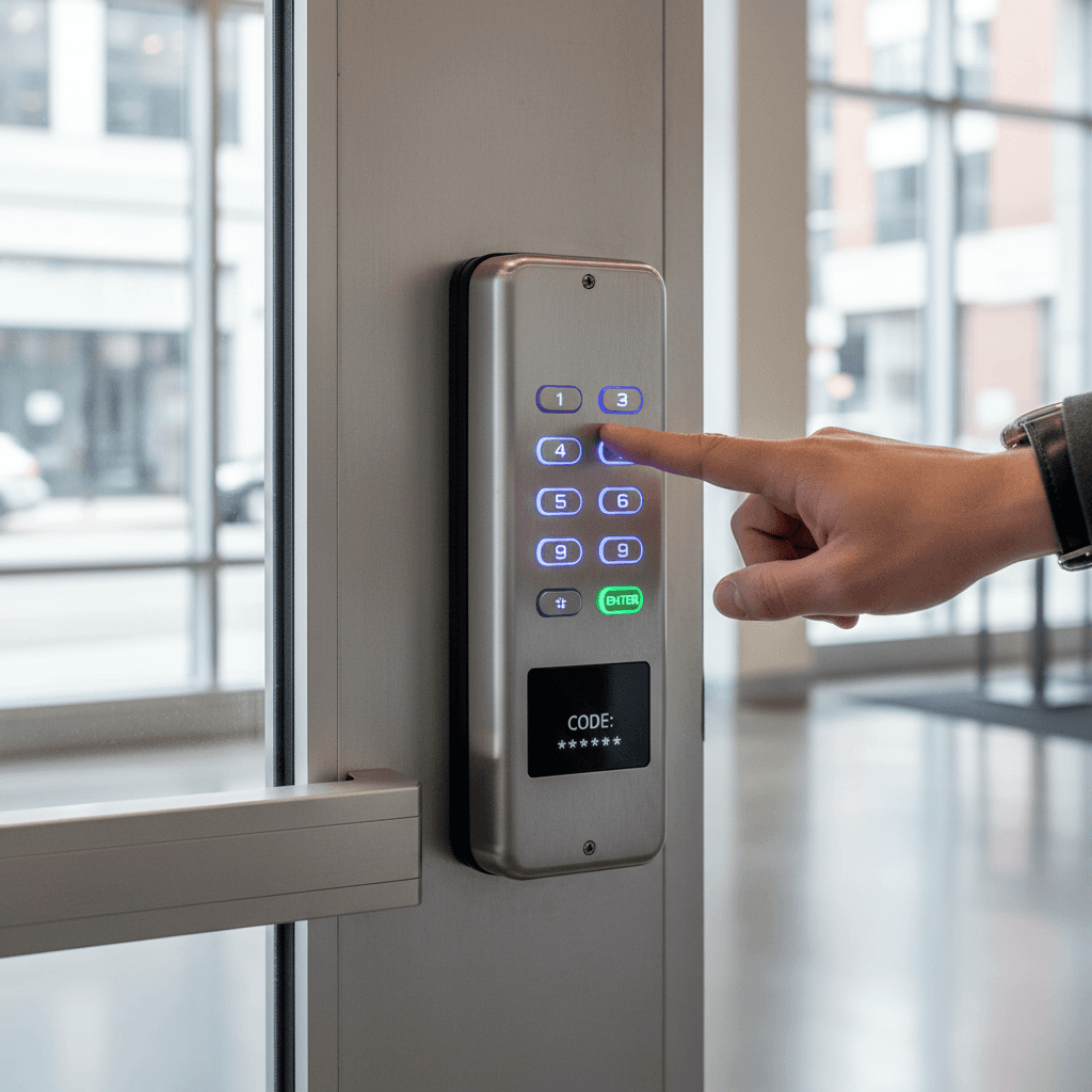 Hand entering a PIN on a commercial door keypad