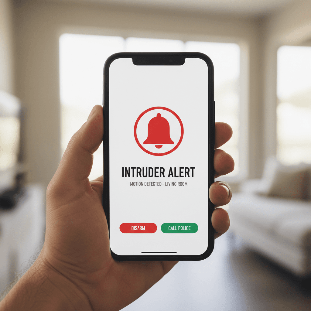 Smartphone showing security alarm notification on screen held in hand