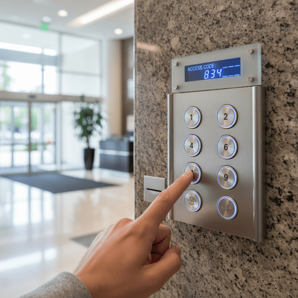 Hand entering a PIN on a commercial access control keypad