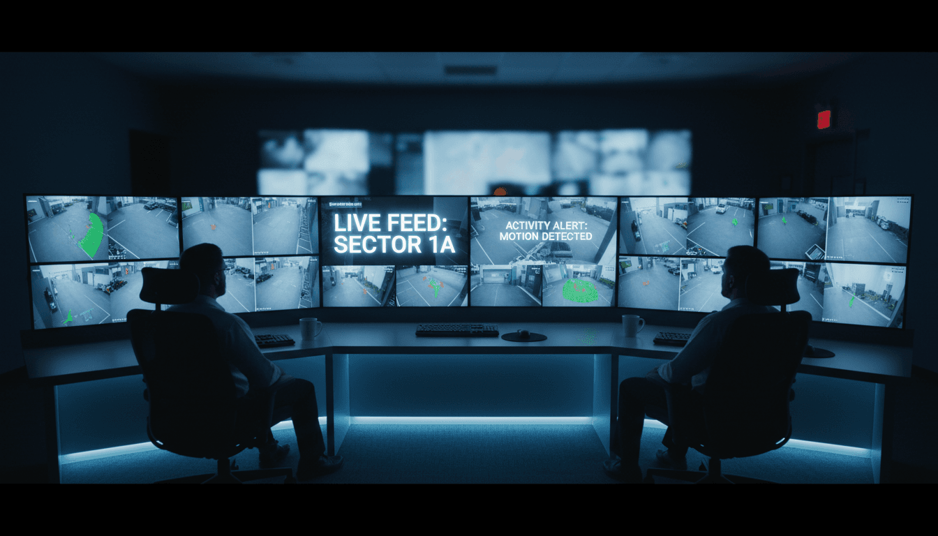 Security monitoring center with multiple screens showing surveillance footage in a dark room