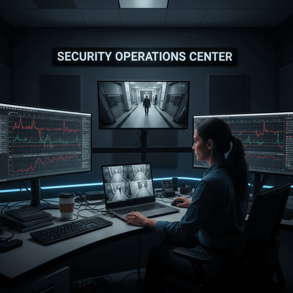 Technician reviewing security footage on a laptop at a desk with monitors