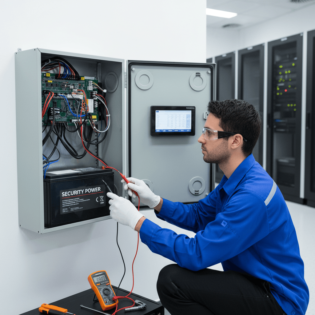 Technician checking a backup battery inside a security system enclosure