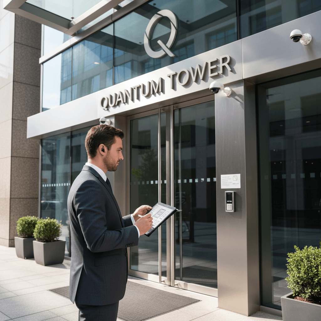 Security professional inspecting a building entrance with a tablet