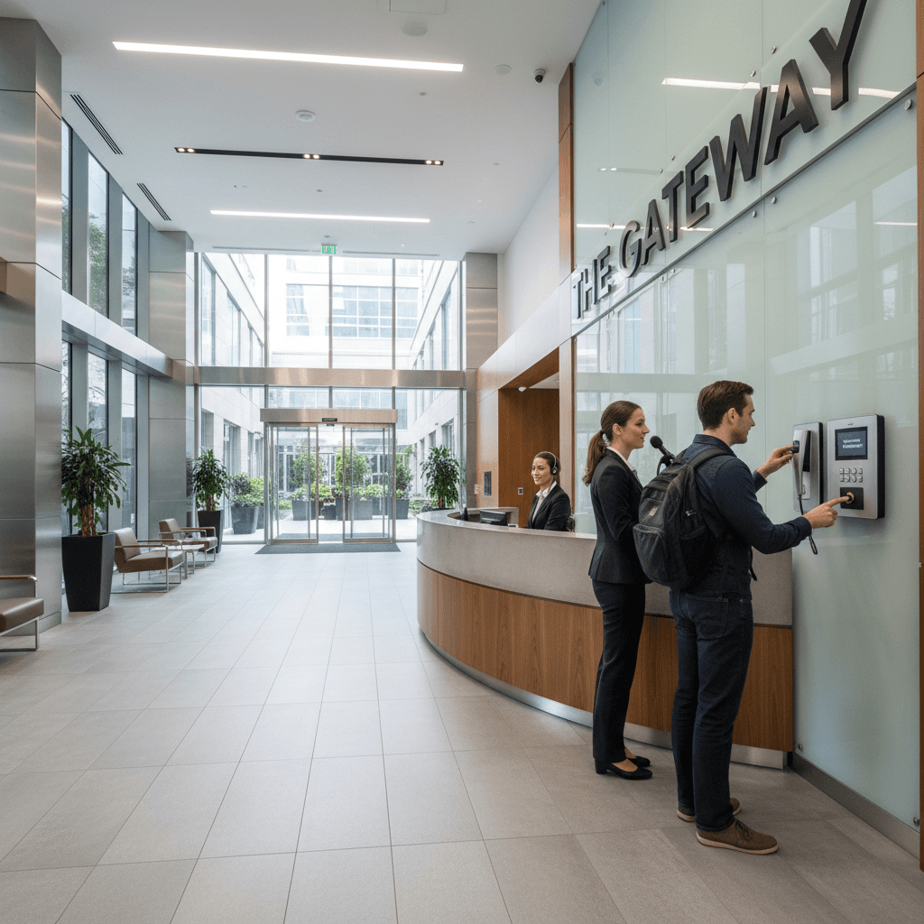 Visitors using a lobby intercom to reach the reception desk
