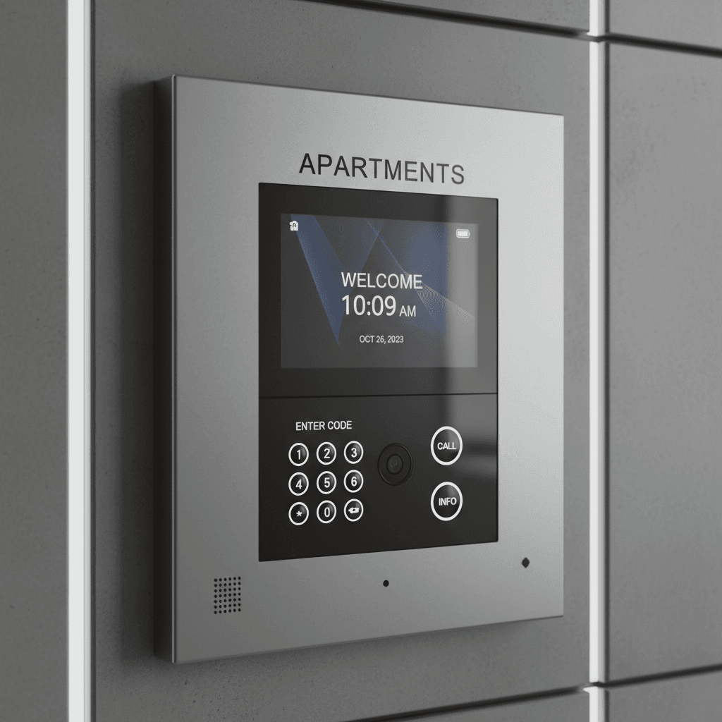 Finished video intercom panel at an apartment building entrance