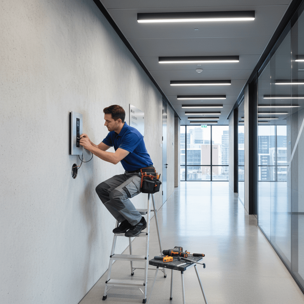 Technician mounting a new intercom unit in a commercial hallway