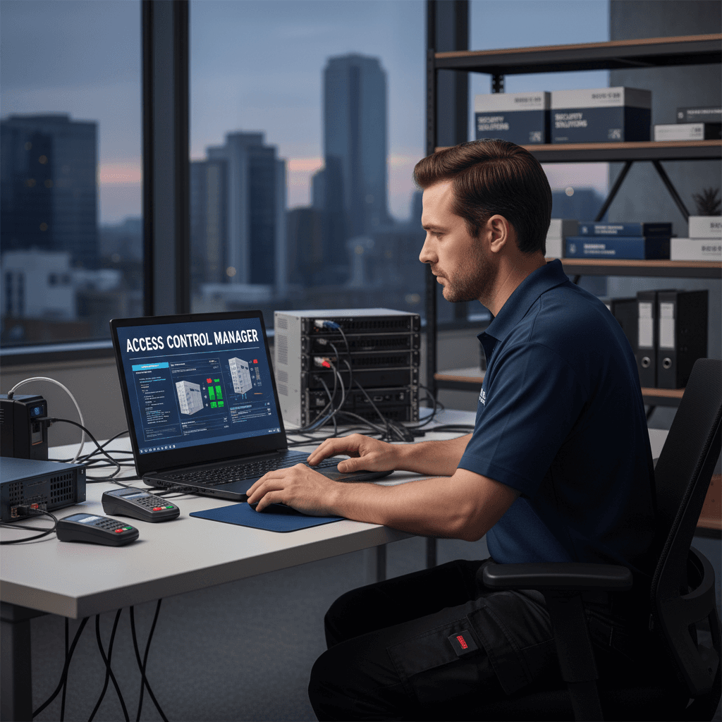 Technician managing access control software on a laptop at a commercial site