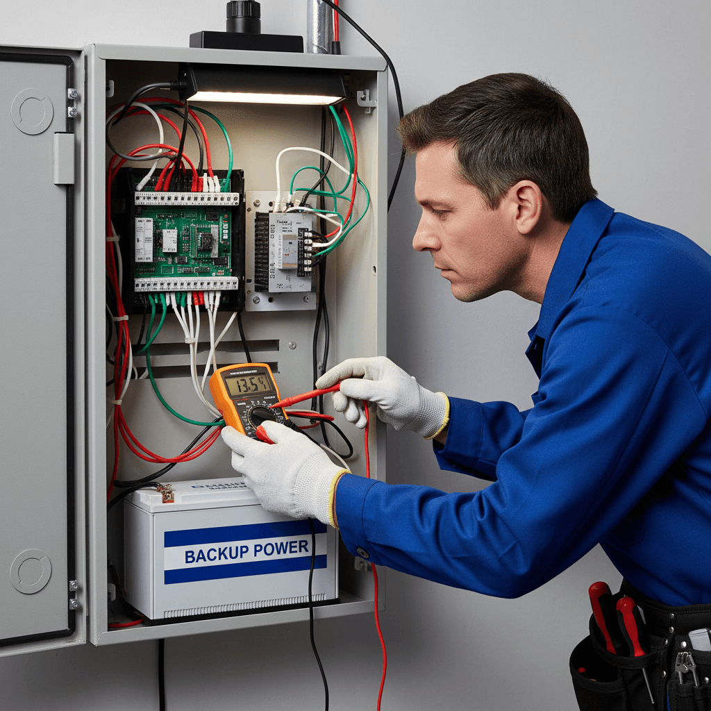 Technician checking the battery backup inside a security alarm panel