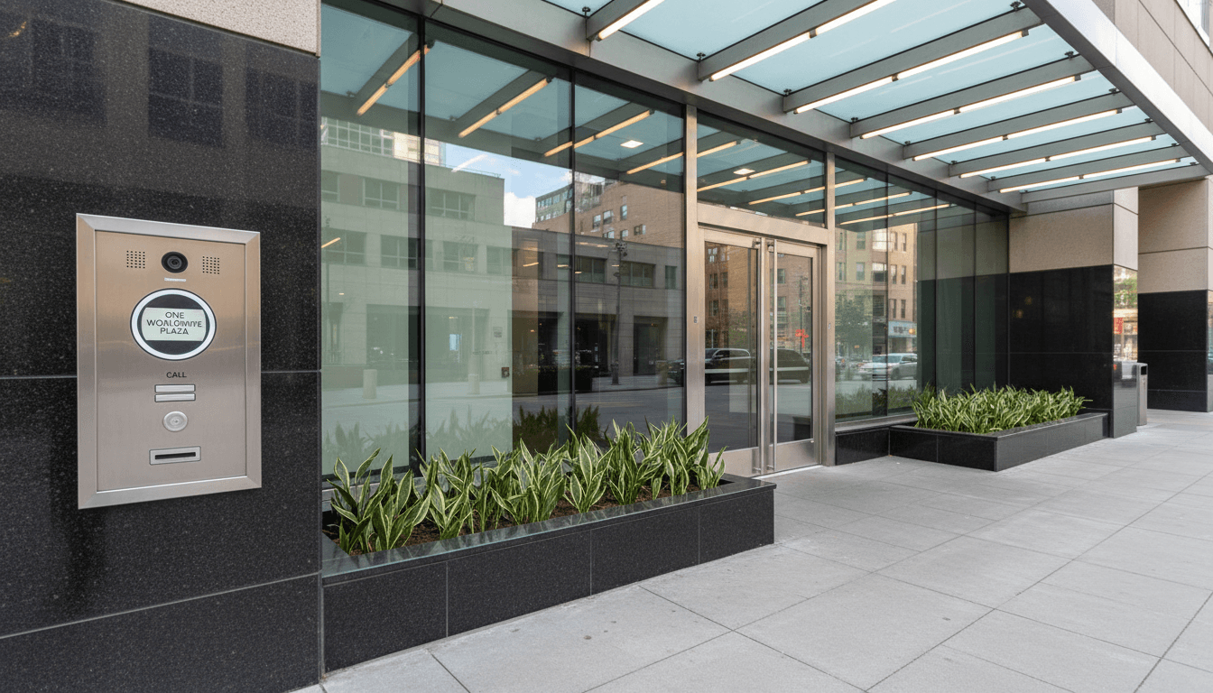 Modern commercial building entrance with a security intercom system