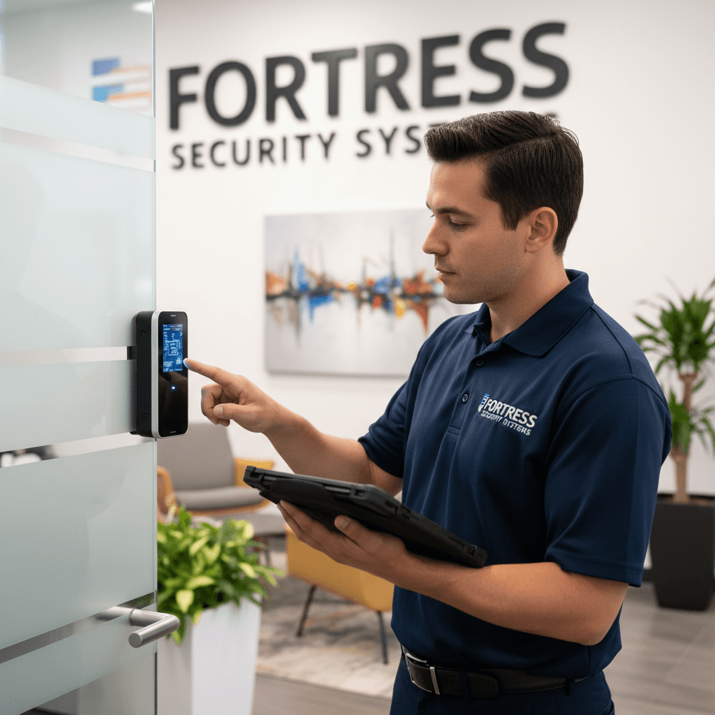 Security technician holding a tablet while inspecting an access control reader