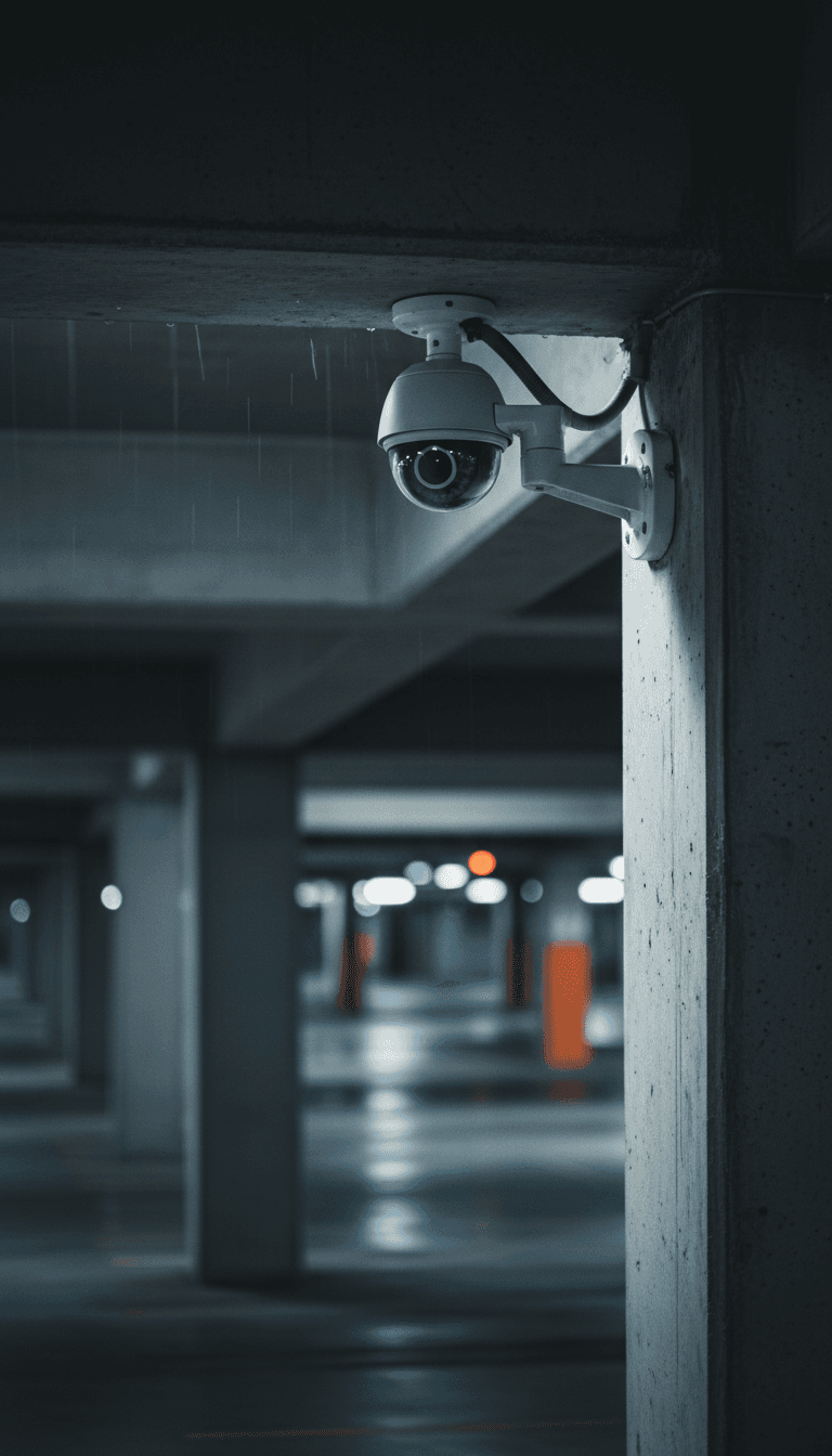 Close-up of security camera mounted on parking structure pillar with dramatic directional lighting emphasizing surveillance equipment