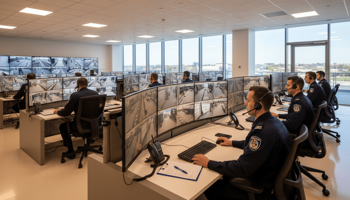 Professional security monitoring and control room with multiple screens and access control systems