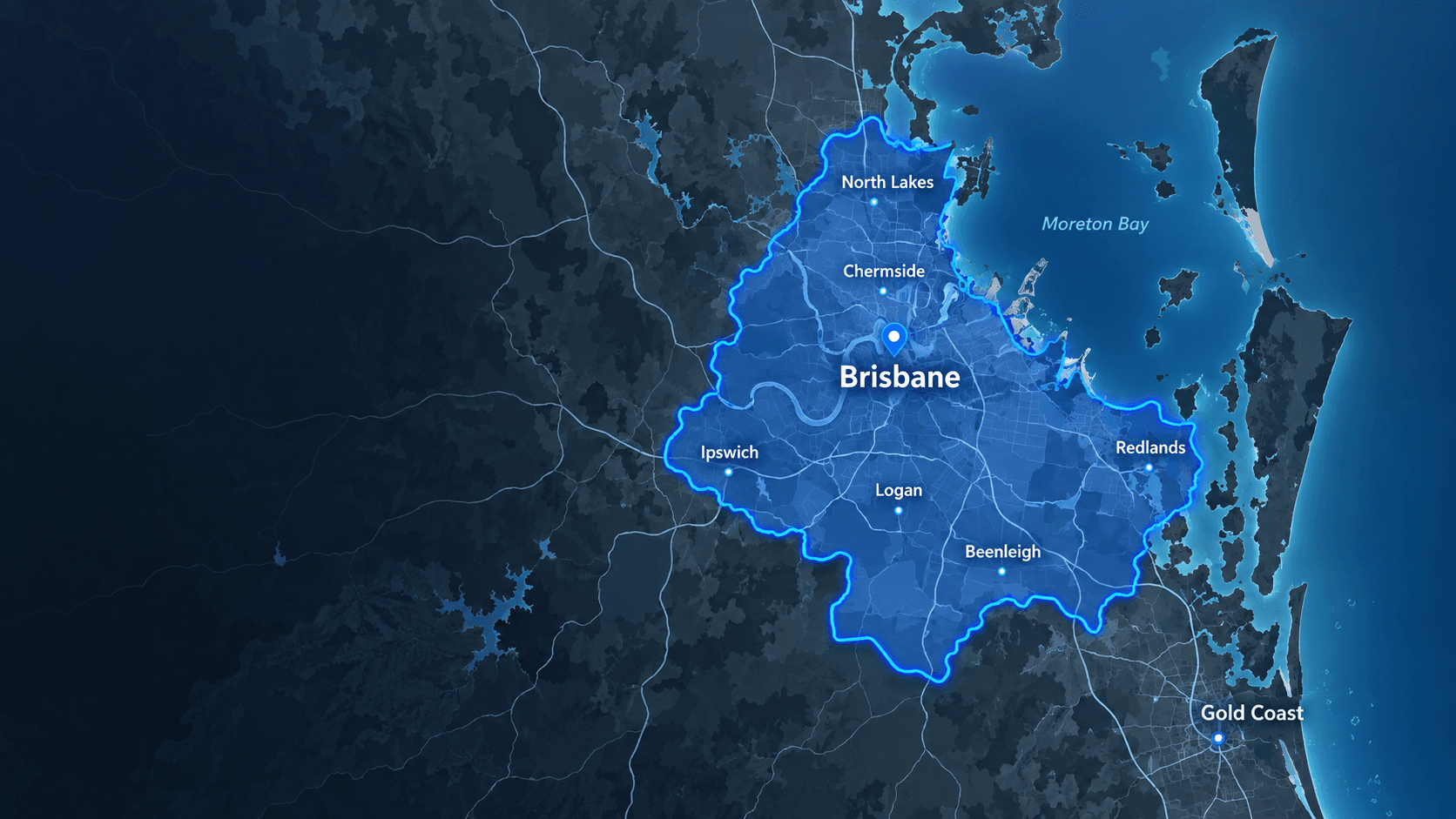 Glowing blue map of Brisbane, Australia, highlighting the city and its surrounding regional suburbs.