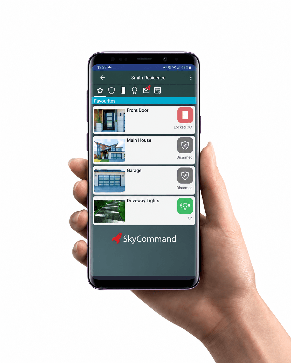 Hand holding a smartphone displaying the SkyCommand app interface for home security and lighting control.