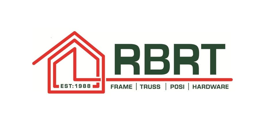 RBRT logo with red house outline, established 1988, for frame, truss, posi, and hardware.