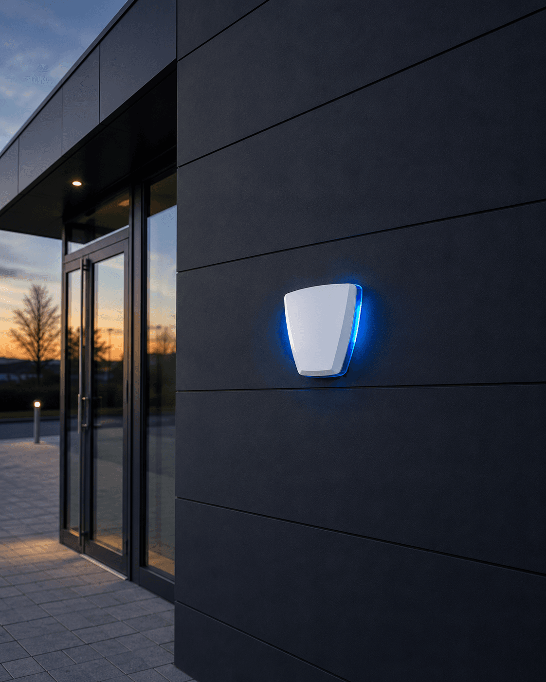 White shield-shaped device with blue glow mounted on a dark paneled wall at sunset.