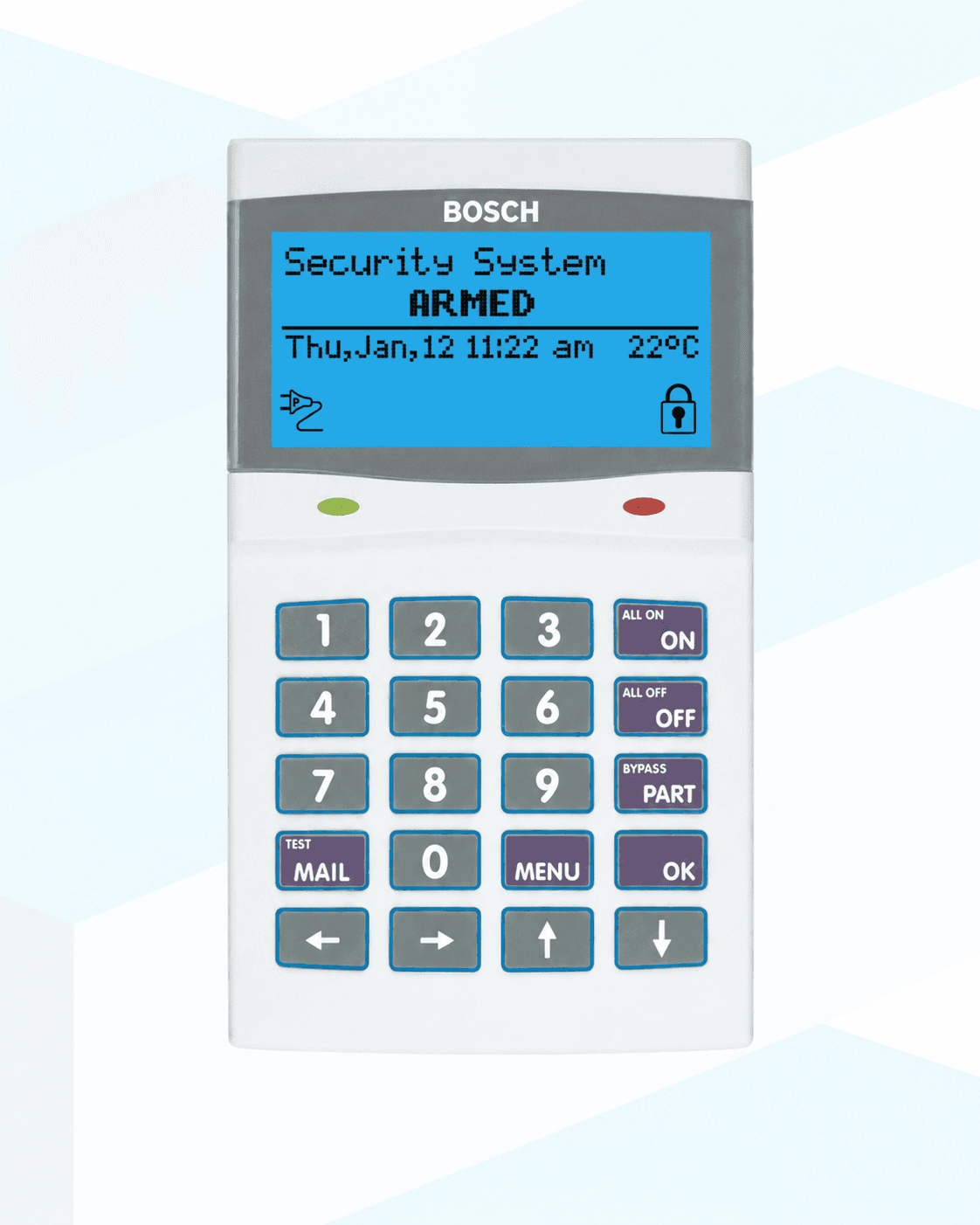 Bosch security system keypad with a blue screen showing armed status and numeric buttons.