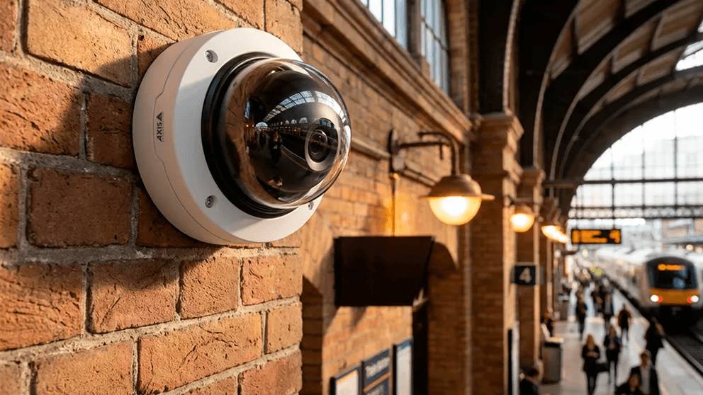 White dome security camera mounted on a brick wall overlooking a busy train station.