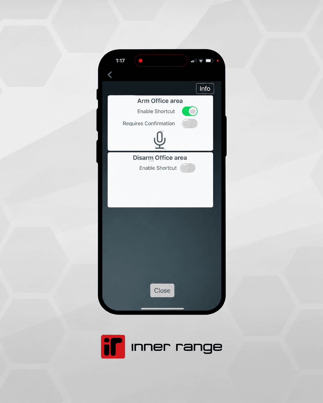 Smartphone displaying Inner Range app interface for configuring arming and disarming office area shortcuts.
