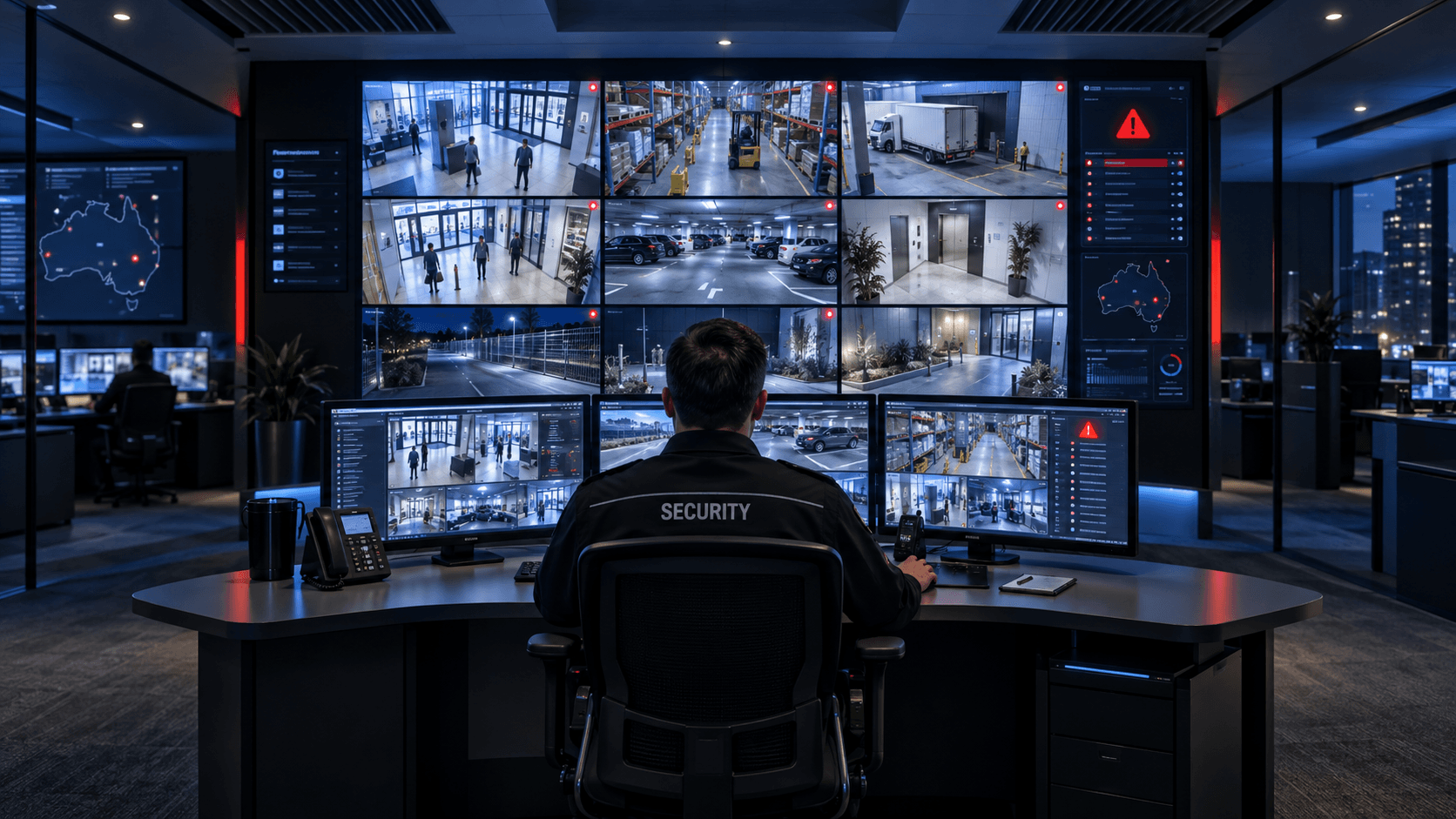 Security officer monitoring live surveillance feeds across multiple screens in a high-tech operations center.