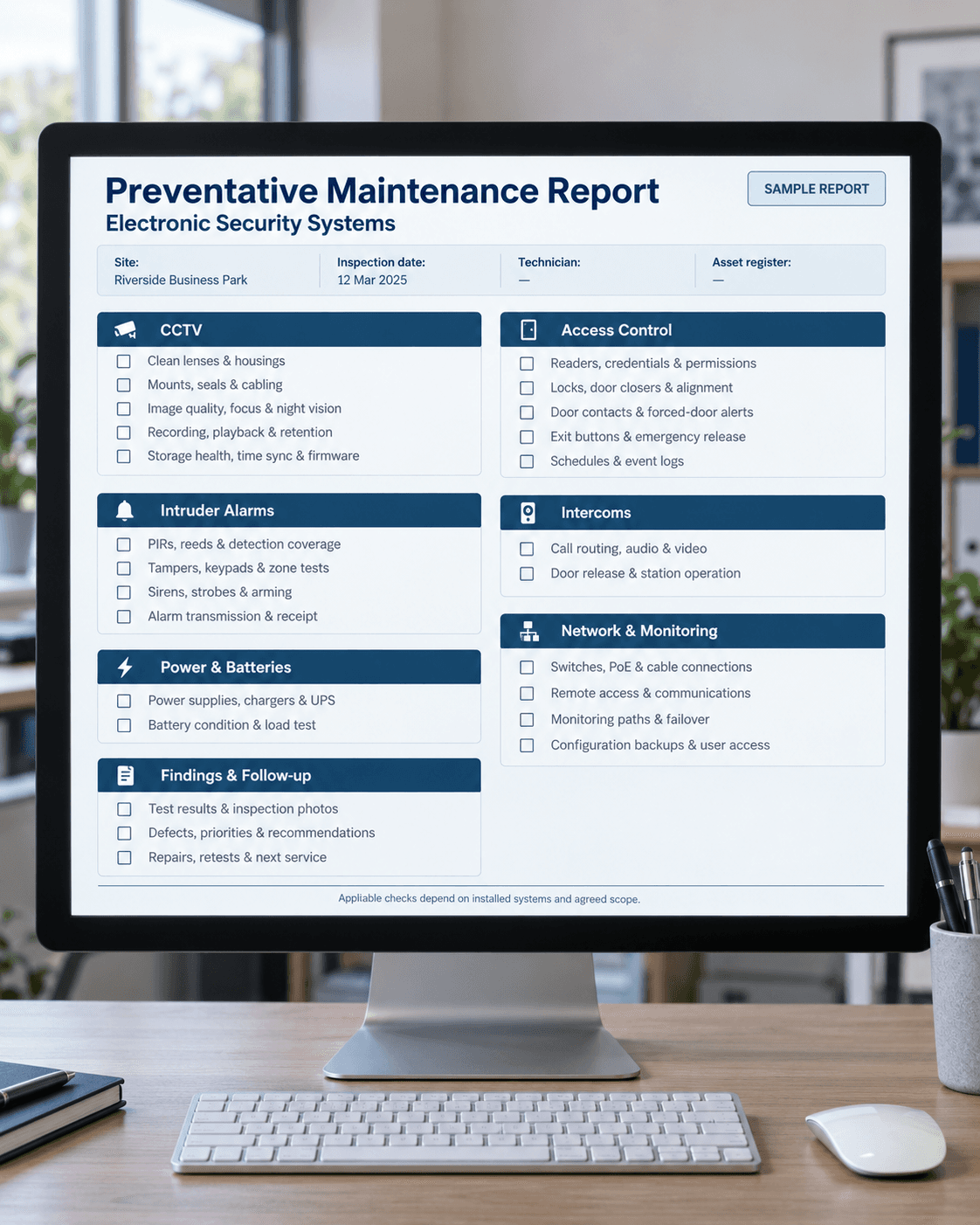 Computer monitor displaying a preventative maintenance report for electronic security systems on a desk.