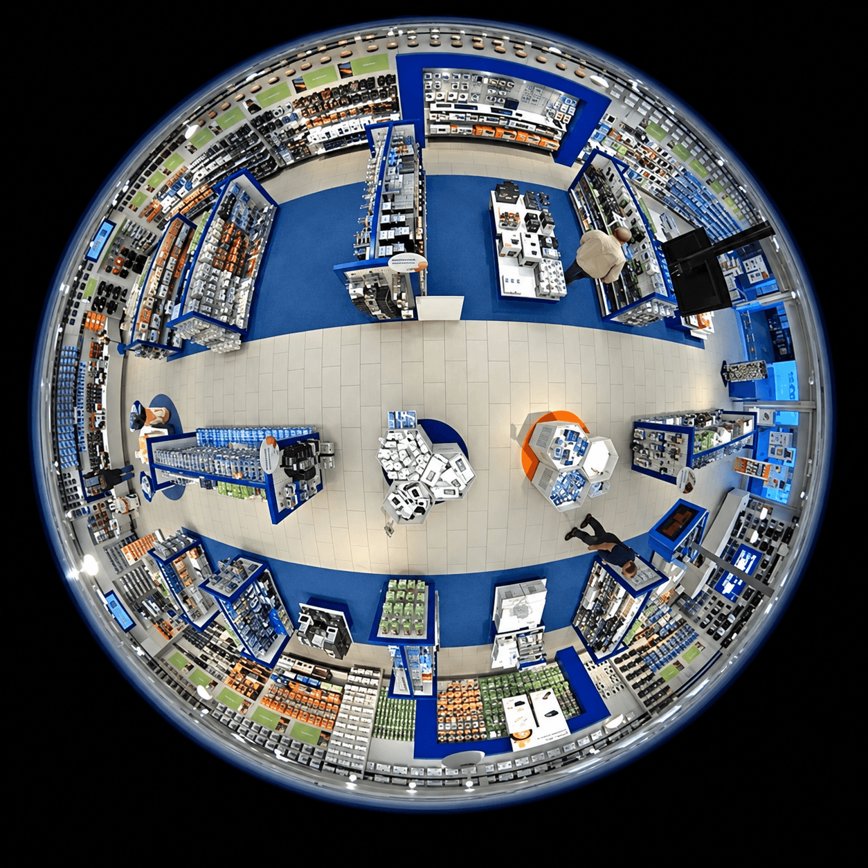 Fisheye perspective of a modern electronics store interior with blue shelving and browsing customers.