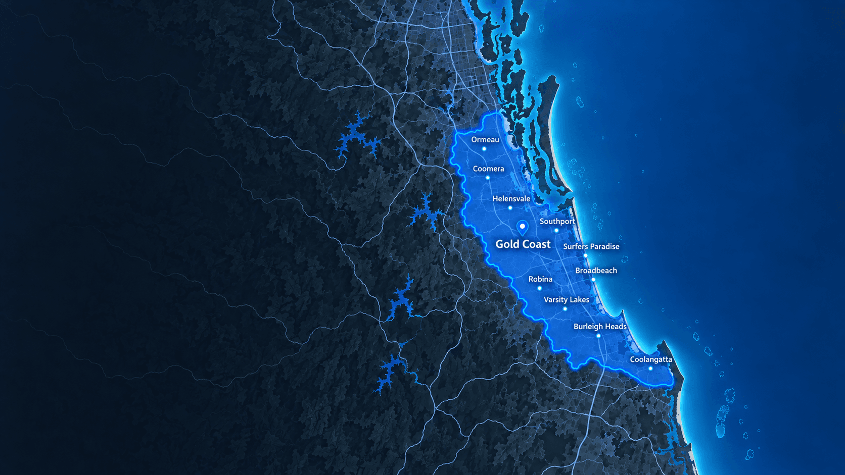 Stylized blue digital map highlighting the Gold Coast region and its various coastal suburbs.
