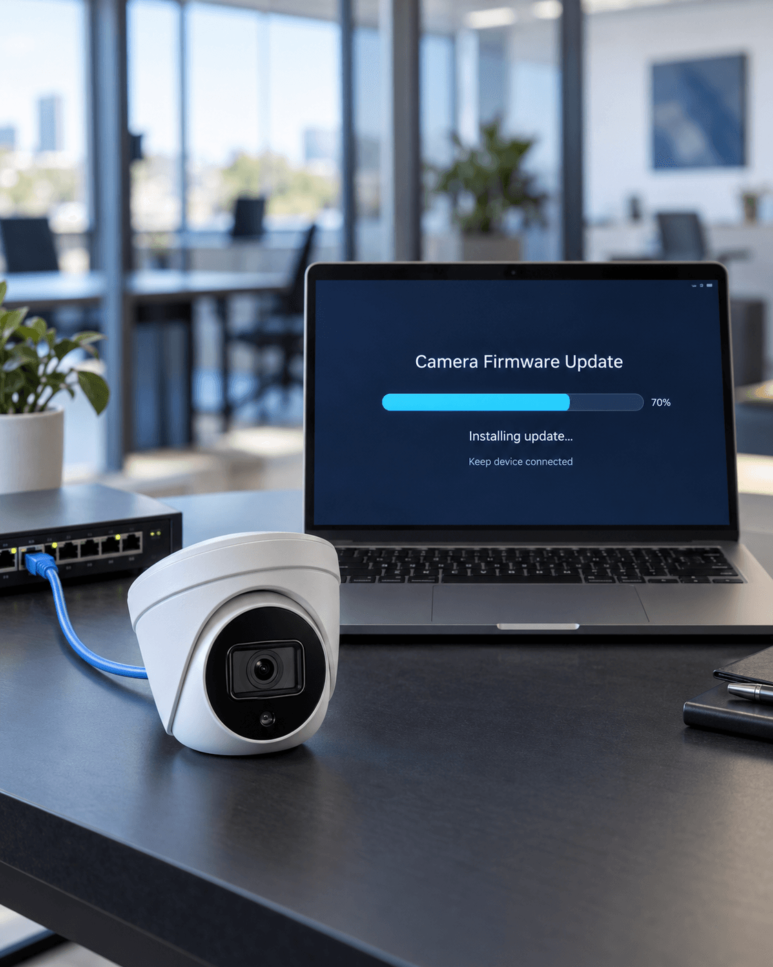 Security camera on a desk connected to a laptop showing a firmware update progress bar.