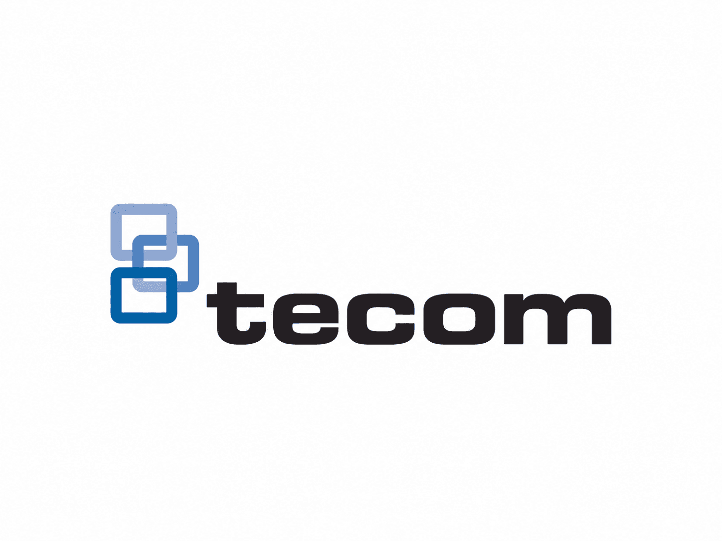 Tecom logo featuring three interlocking blue squares beside bold black lowercase text on white background.