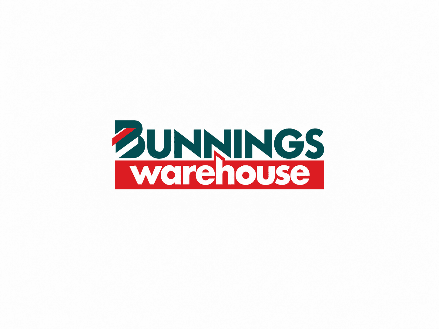 Bunnings Warehouse logo with green uppercase lettering and white lowercase text on a red banner.