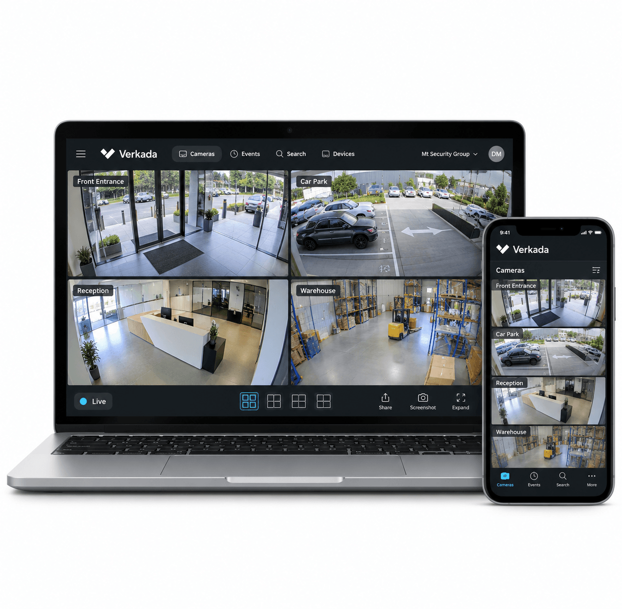 Laptop and smartphone showing Verkada security software with live camera feeds from multiple business locations.