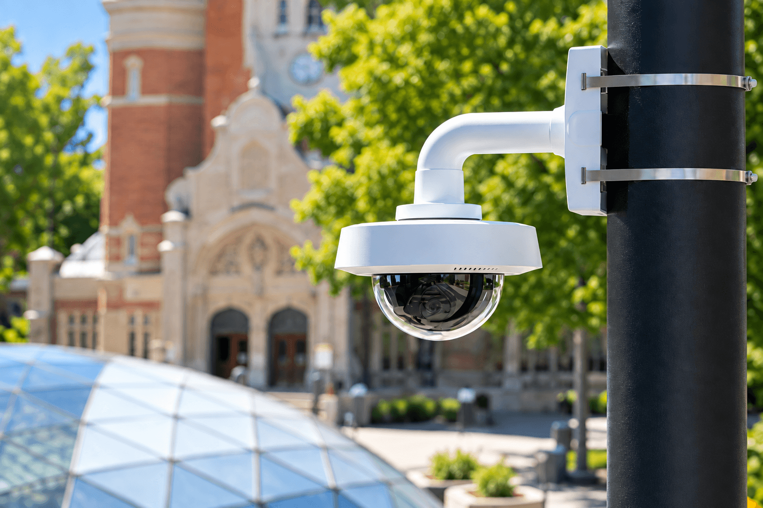 White dome security camera mounted on a black pole overlooking a blurred historic campus building.