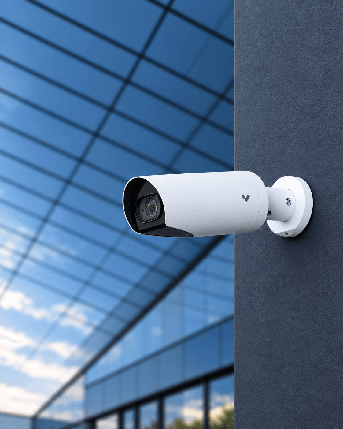 White bullet security camera mounted on a dark wall outside a modern glass office building.
