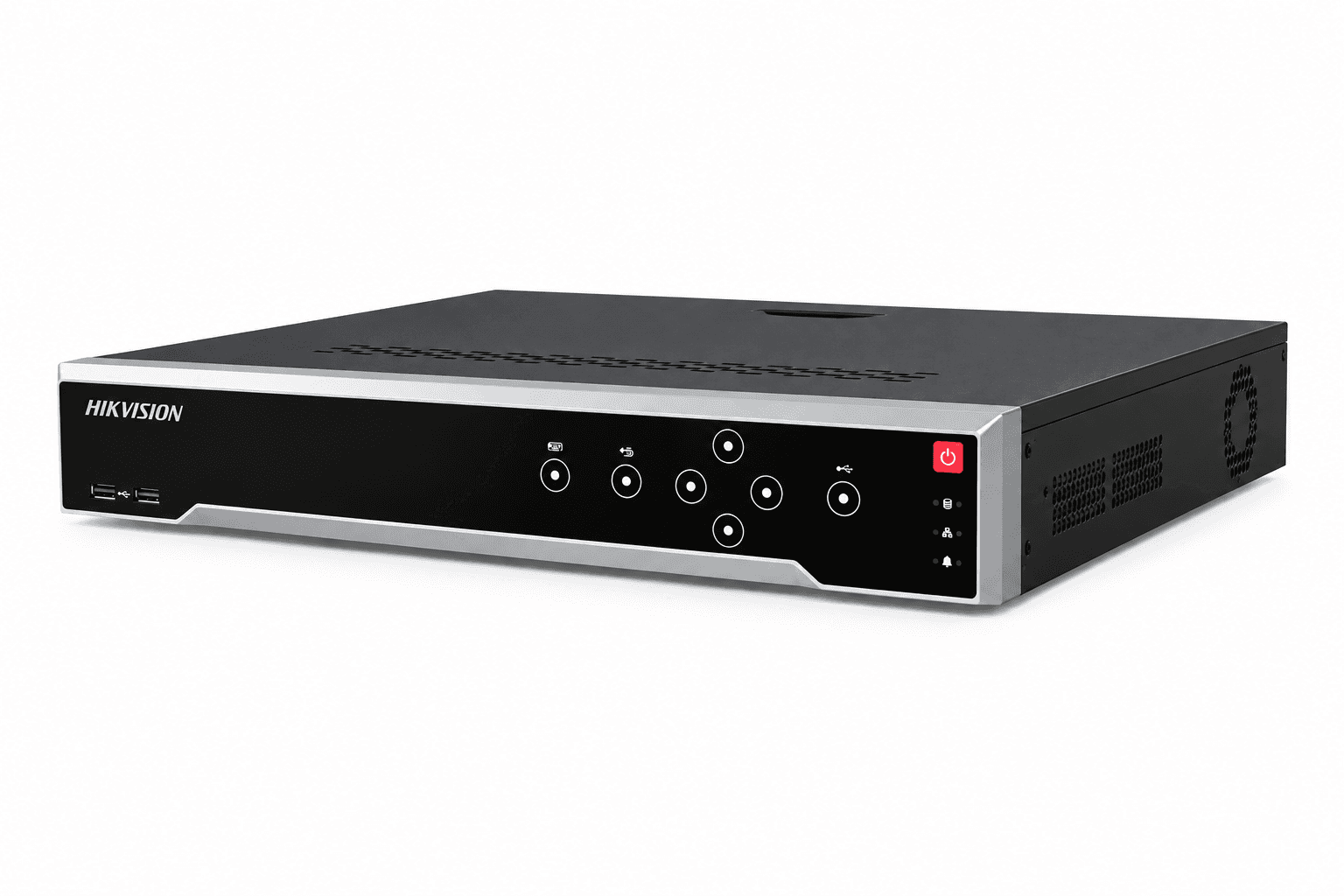 Hikvision digital video recorder with black front panel, silver trim, and circular control buttons.