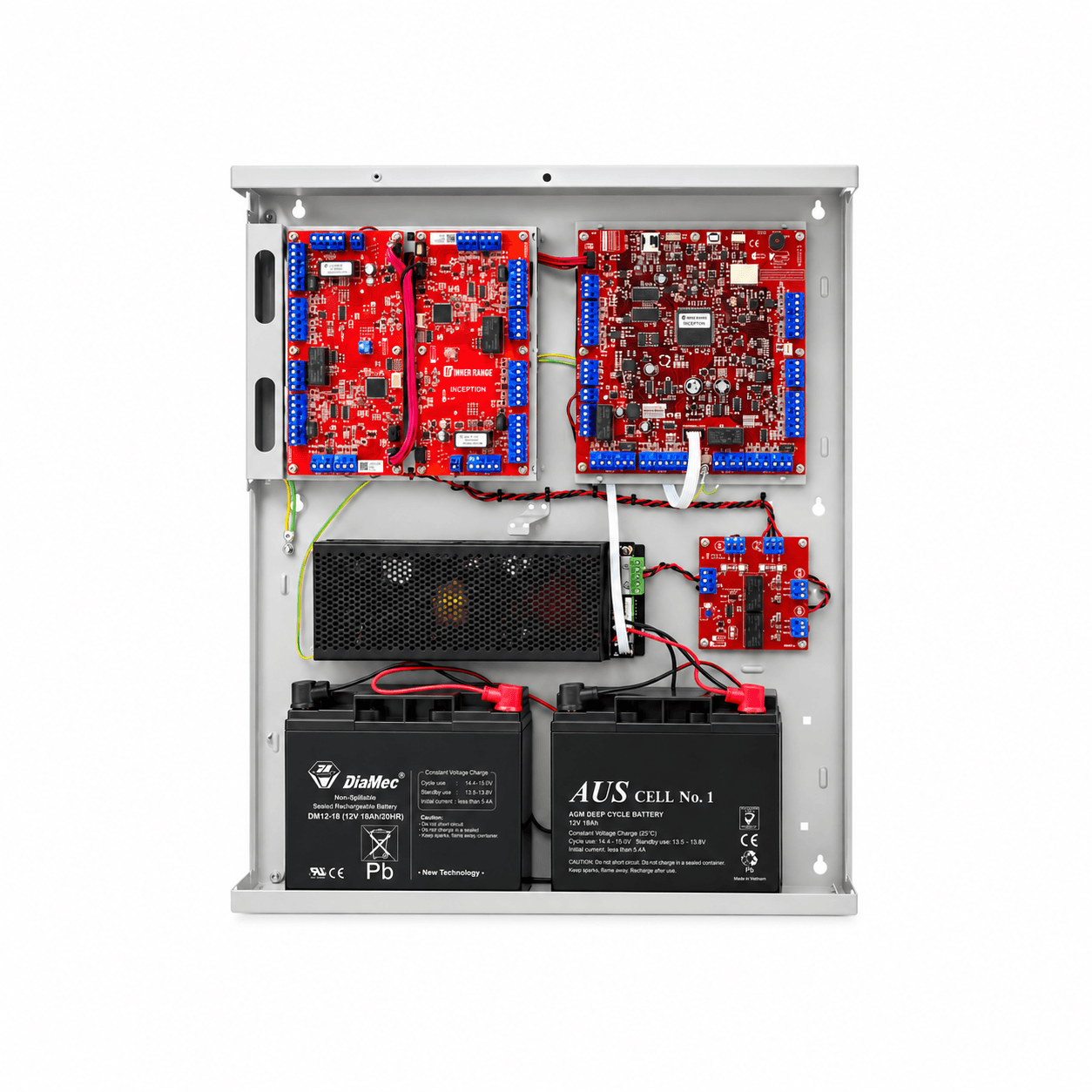 Open security enclosure with red circuit boards, a power supply, and two black backup batteries.