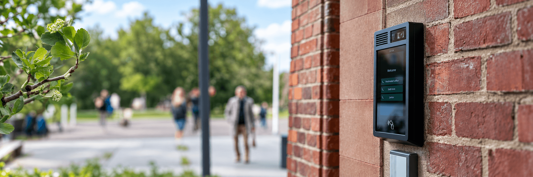 Black digital intercom on a brick wall with a blurred school campus in background.