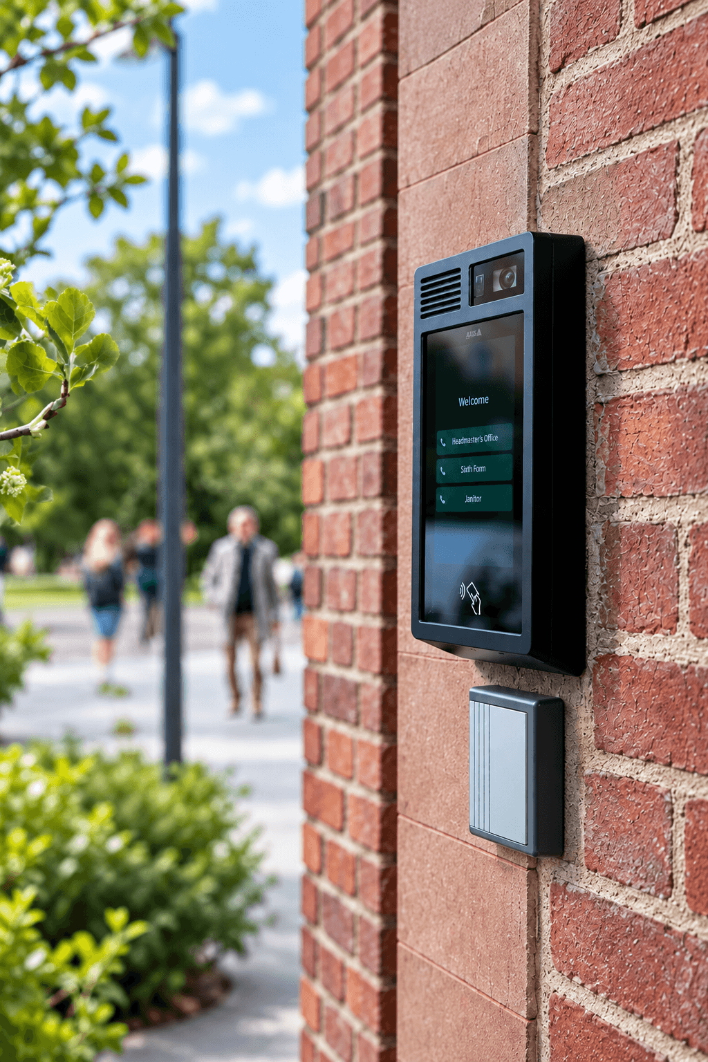 Modern intercom with a digital display mounted on a red brick wall at a school.