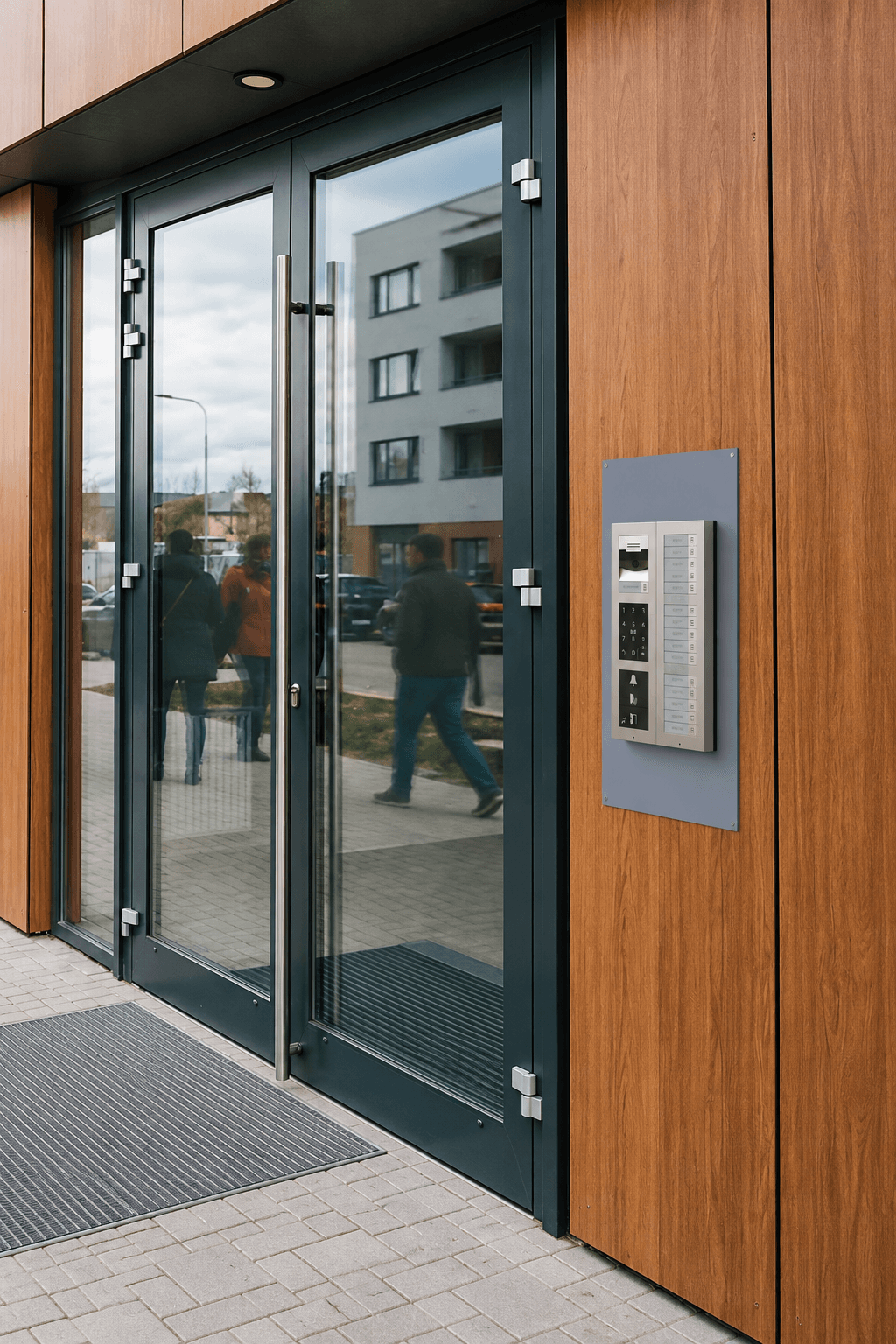 Modern glass double doors with silver handles and an intercom on a wood-paneled wall.