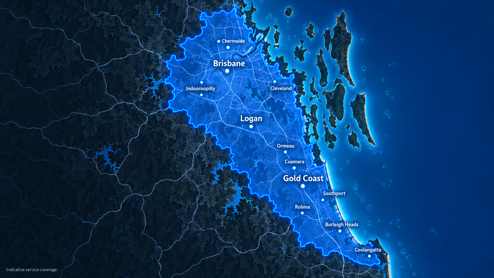 Glowing blue map highlighting indicative service coverage across Brisbane, Logan, and the Gold Coast.
