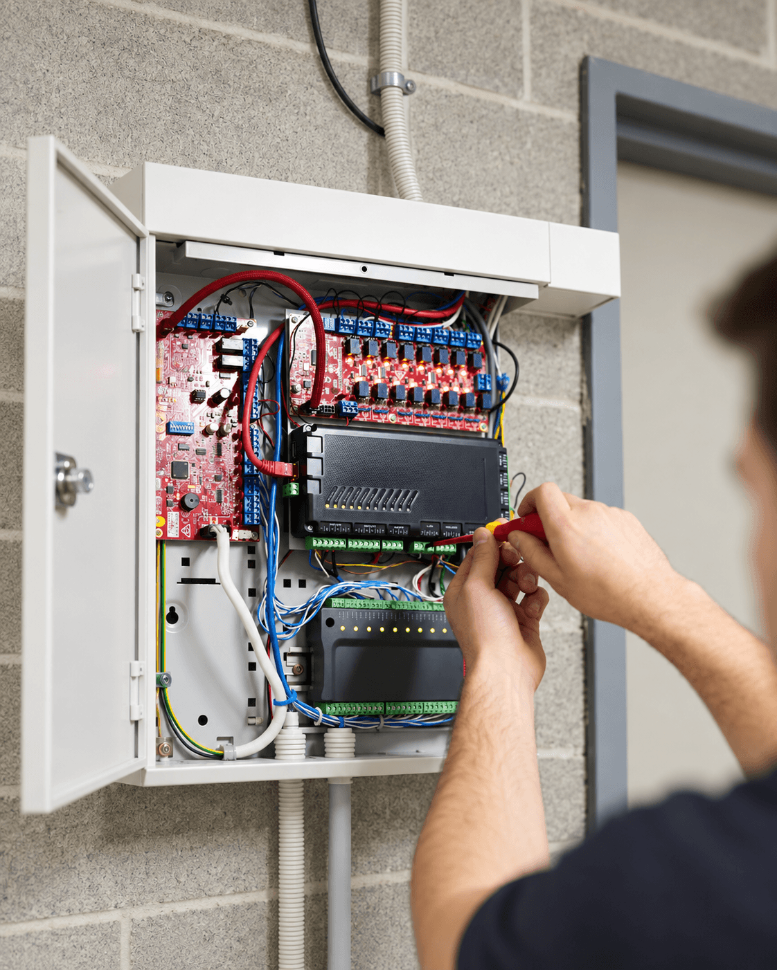 Technician using a screwdriver to repair a complex electrical control panel with colorful wires.