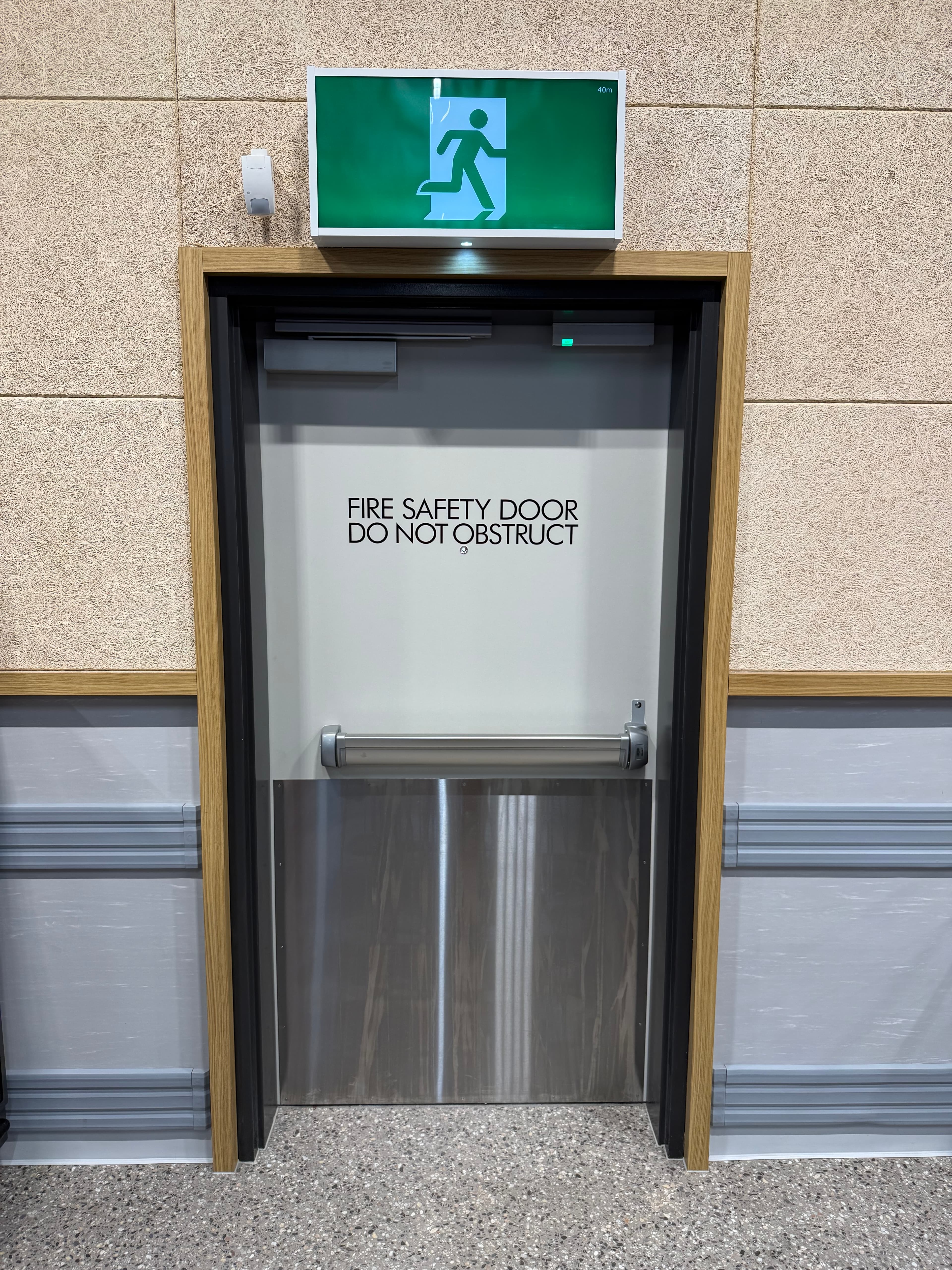 Fire safety door with a push bar, green exit sign, and "Do Not Obstruct" text.