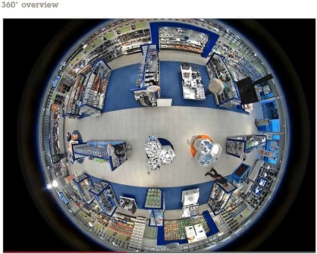 Top-down 360-degree fisheye view of a retail store interior with blue shelving and aisles.
