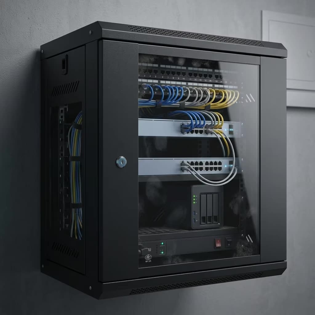 Wall-mounted black server rack with glass door, housing network switches and organized colorful cables.