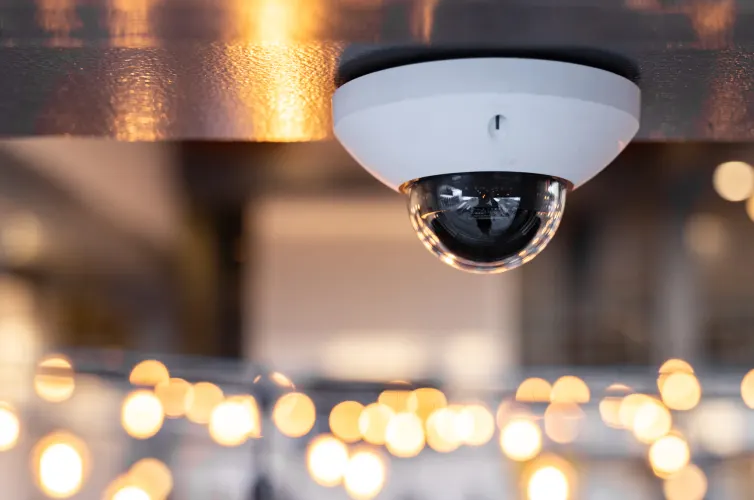White dome security camera mounted on a ceiling with warm bokeh lights in the background.