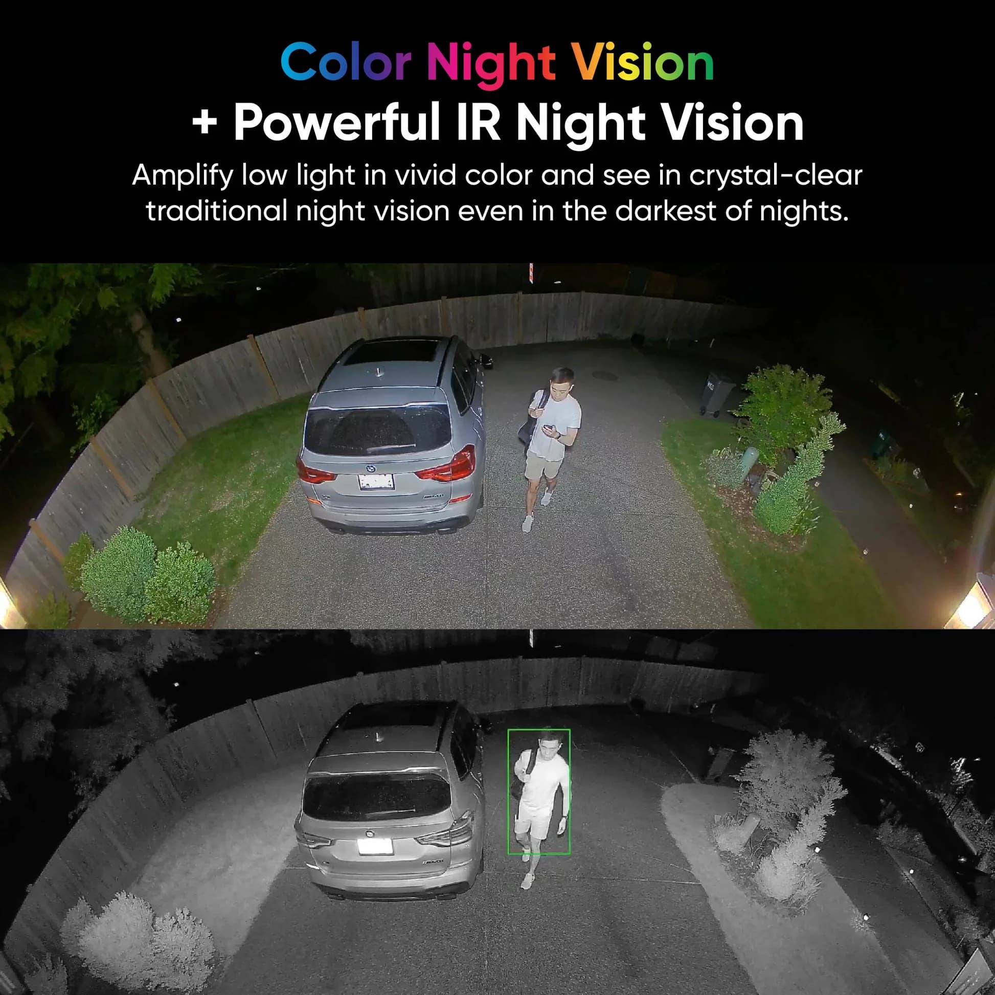 Comparison of color and infrared night vision showing a person walking past a parked SUV.